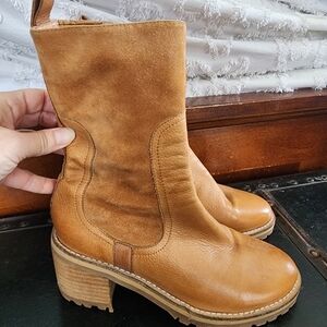 Silent D By Anthropologie Women’s Tan Leather Mid-Calf Block Heel Boots